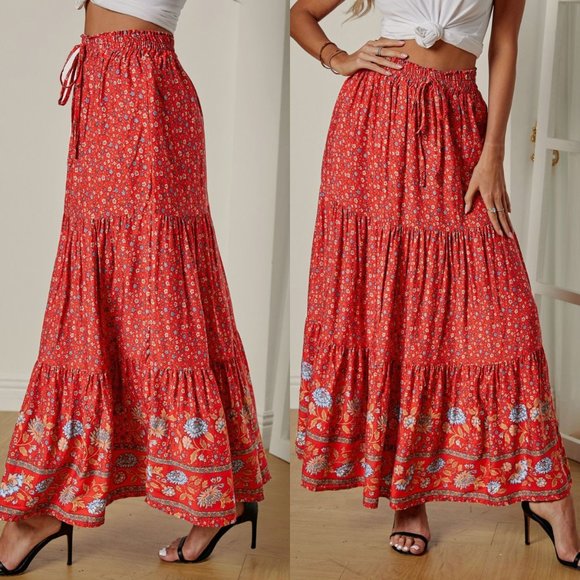Dresses & Skirts - NEW Boho Floral Red Maxi Skirt